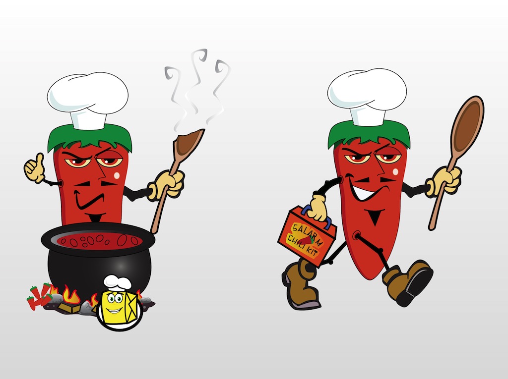 Two cartoon chili pepper chefs-one stirring a pot over fire, the other carrying a "Salam Chili Kit" and wooden spoon.