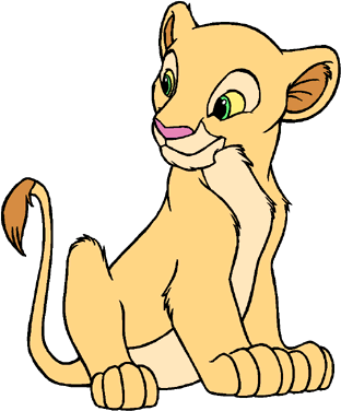 A cheerful young lion cub with green eyes, sitting and smiling, from Disney's The Lion King.