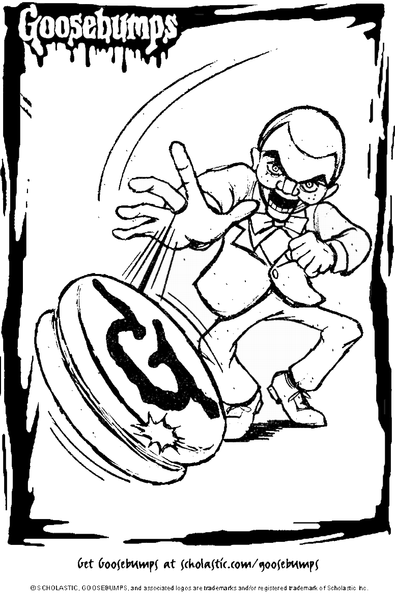 A cartoonish villain in a suit lunges toward a spinning, glowing "G" logo in a Goosebumps-themed black-and-white illustration.