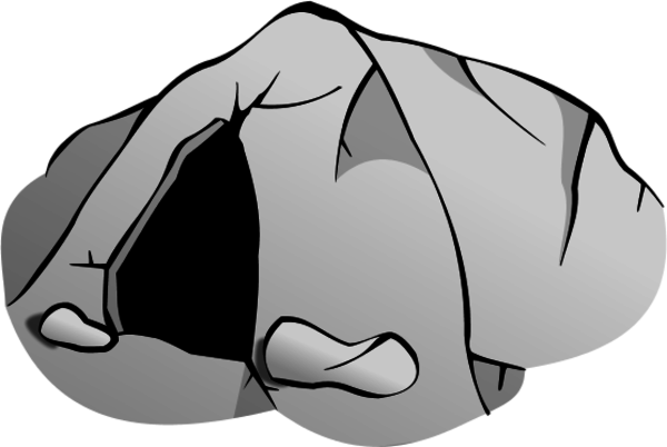 Grayscale cartoon-style illustration of a cave entrance with rocky arch and foreground stones.