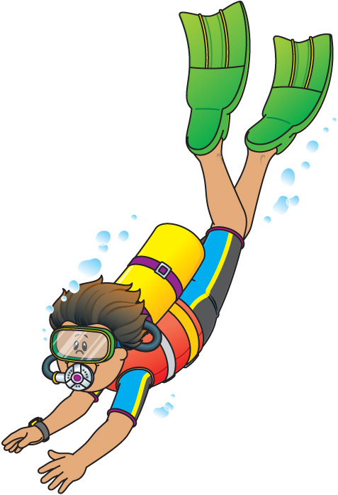 Child scuba diver in colorful gear with green flippers and yellow tank, swimming underwater with bubbles.