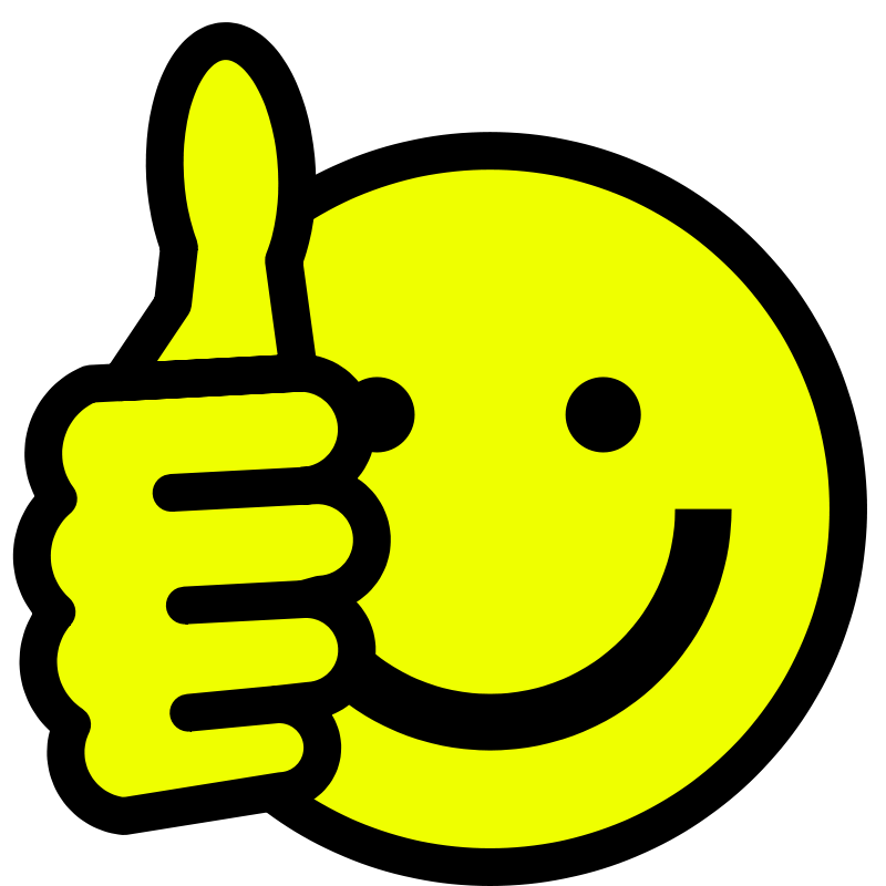 Bright yellow smiley face with a thumbs-up gesture on black background.