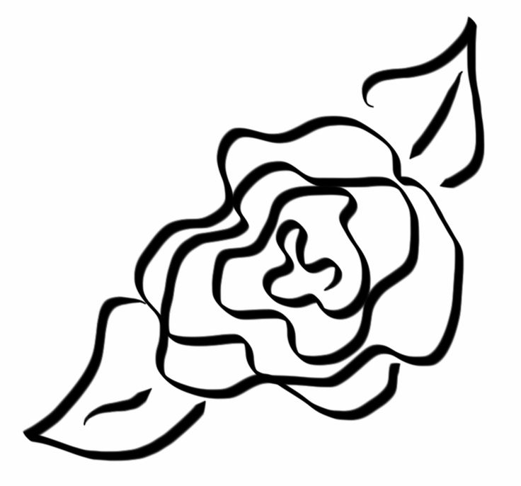 Black-and-white line drawing of a stylized rose with two leaves, elegant and minimalist.