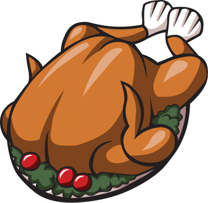 Roasted turkey on a platter with cranberries and greens, garnished for holiday serving.