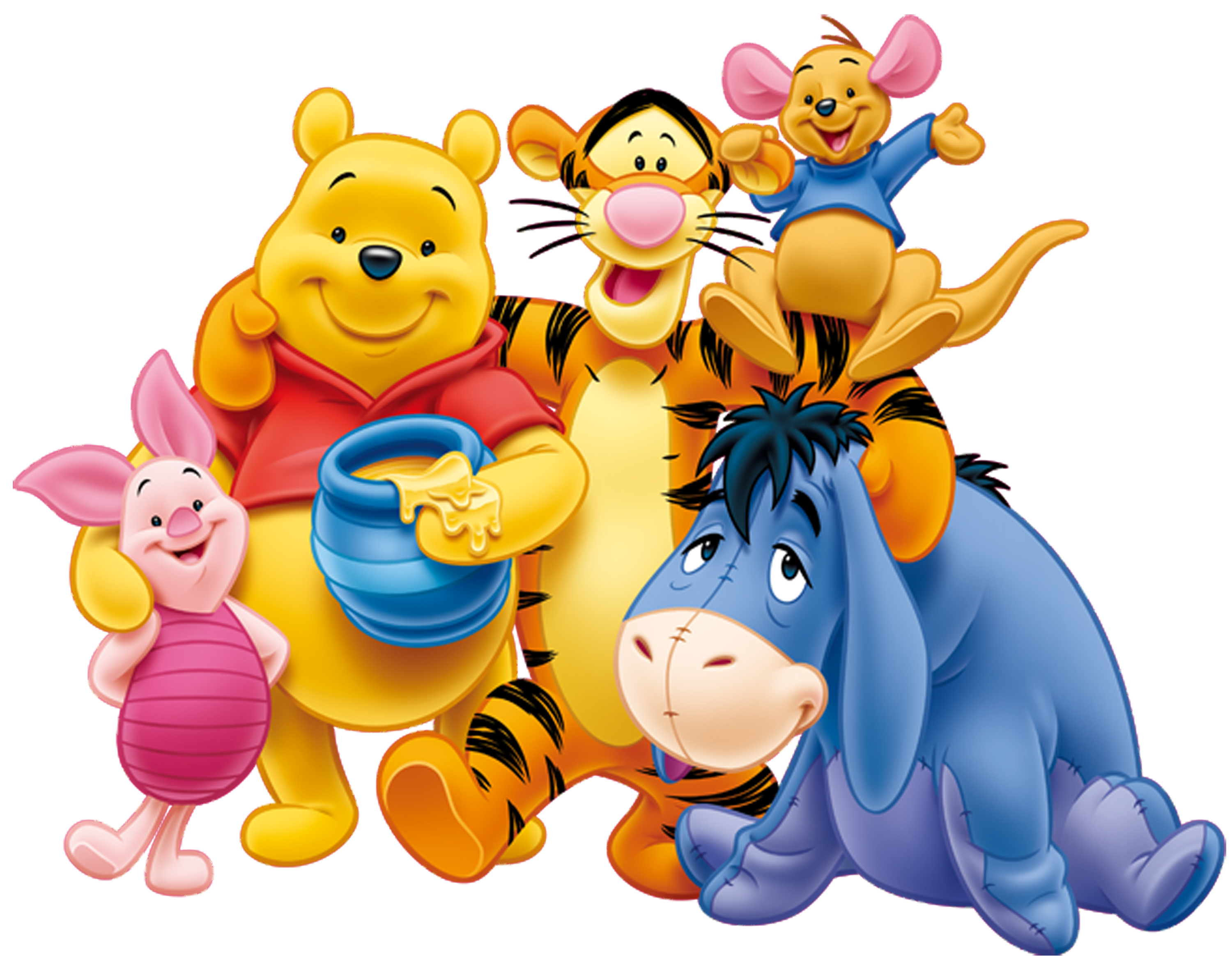 Winnie the Pooh, Tigger, Piglet, Eeyore, and Roo smiling together in a cheerful group pose.