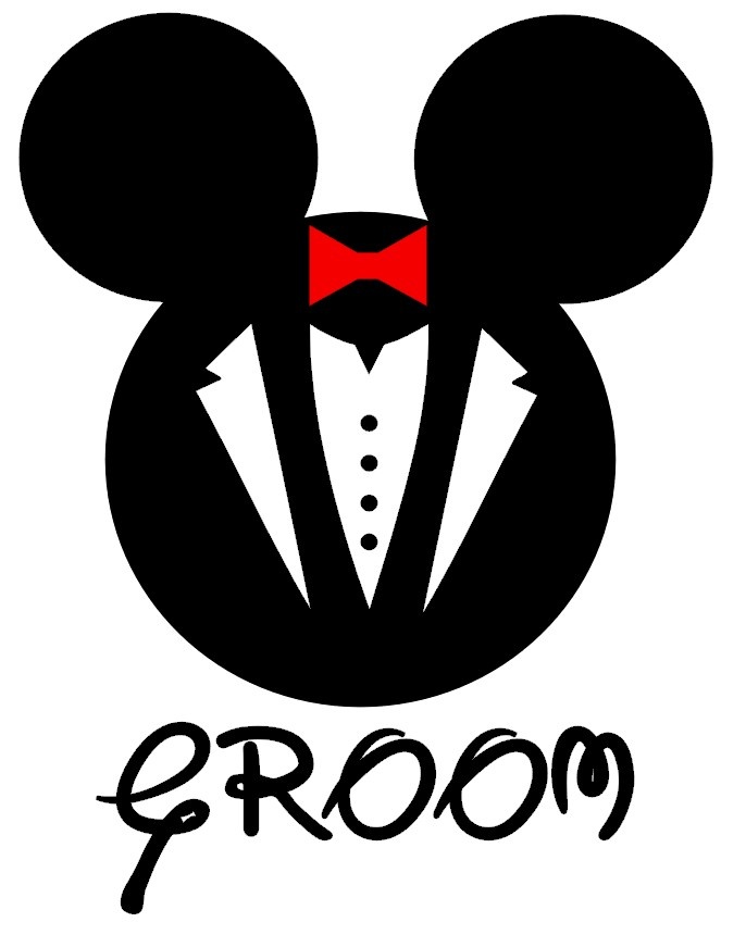 Mickey Mouse silhouette in tuxedo with red bowtie and "GROOM" text below.
