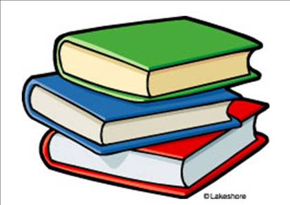 Stack of three colorful books-green, blue, and red-with visible pages and black outlines, in cartoon illustration style.
