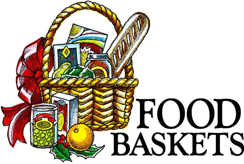 Woven food basket filled with canned goods, bread, fruit, and a red ribbon, labeled "FOOD BASKETS".
