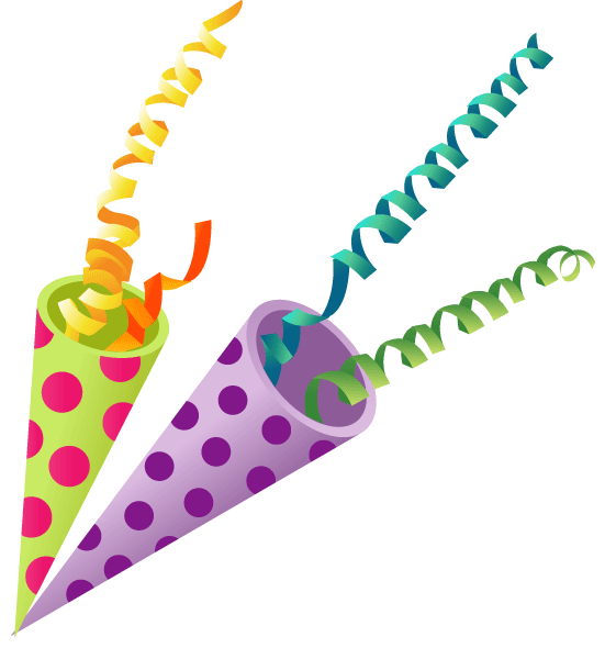 Two colorful party poppers with polka dots releasing spiral streamers in yellow-orange and teal-green.