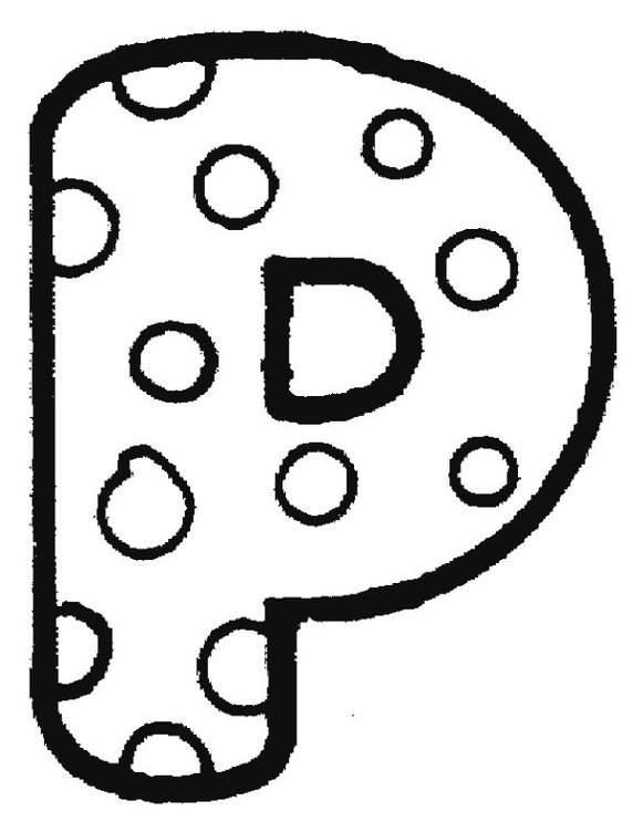 Hand-drawn uppercase letter P with polka dots and a smaller letter D inside, black-and-white line art for educational or decorative use.