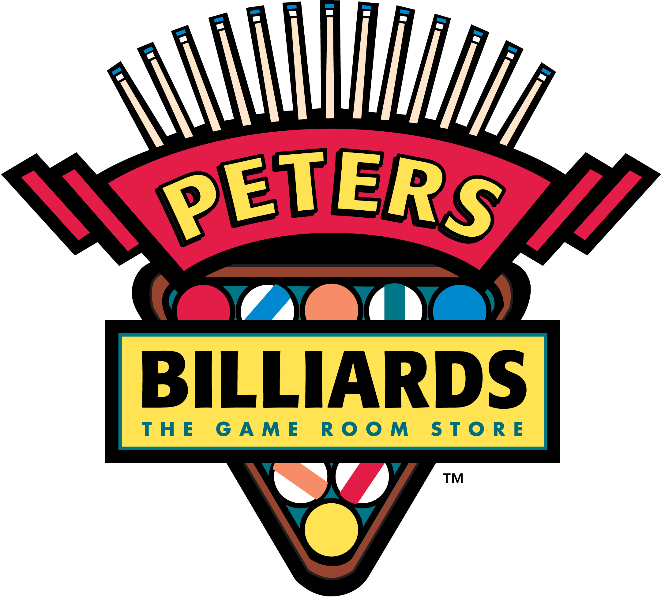 Peters Billiards logo featuring colorful pool balls, cue sticks, and bold text branding.