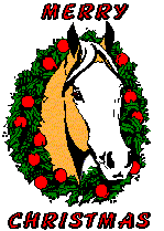 A festive Christmas wreath with red berries framing a white-and-tan horse’s head, set against a bright yellow background with “MERRY CHRISTMAS” text.