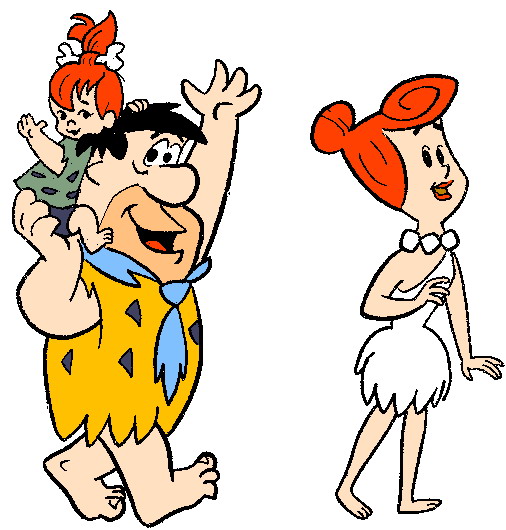 Fred Flintstone carrying Pebbles on his shoulders, with Wilma walking beside them in classic cartoon style.