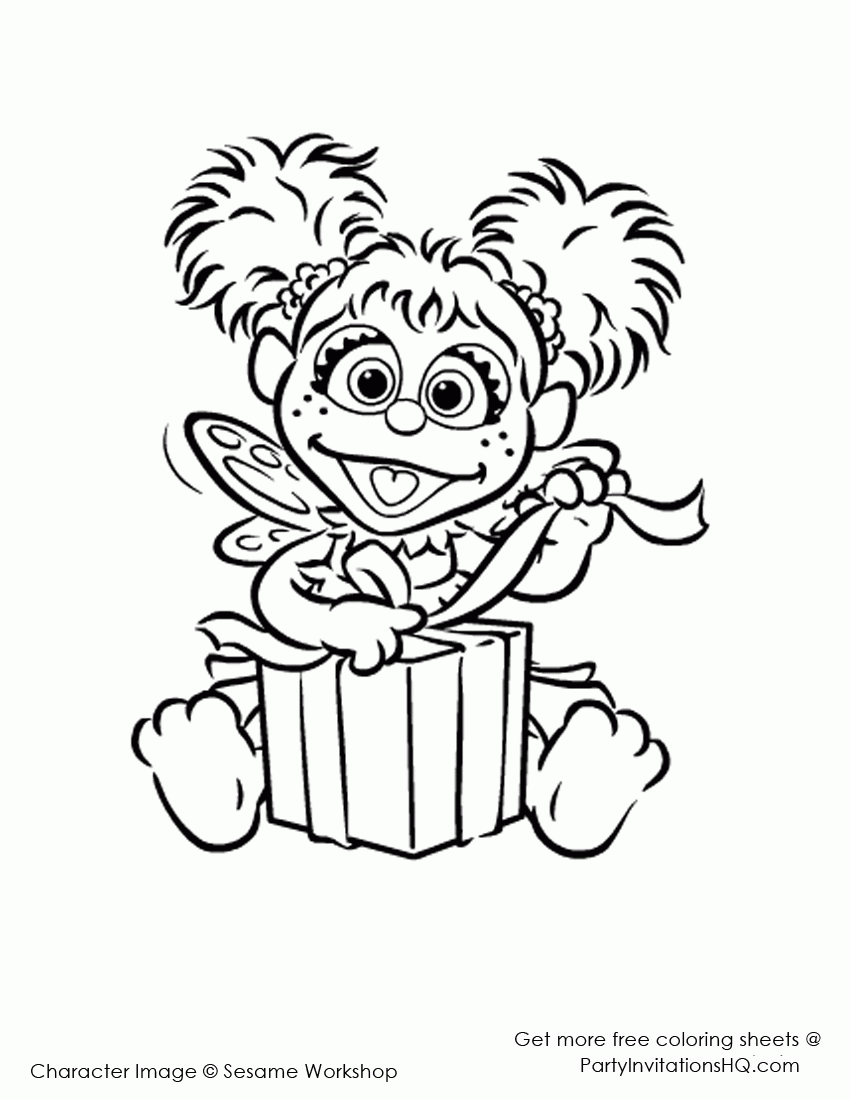 Abby Cadabby from Sesame Street opening a gift box with fairy wings and pigtails, black-and-white coloring page.