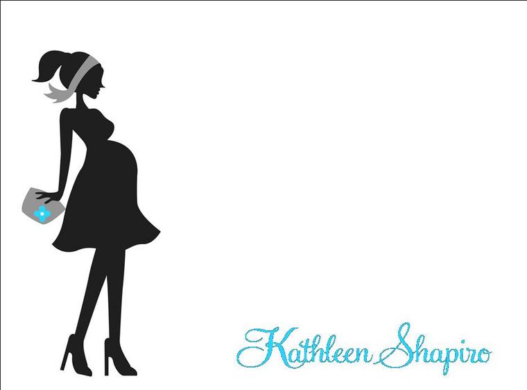 Silhouette of a stylish pregnant woman holding a clutch with a blue flower, name "Kathleen Shapiro" in cursive script.