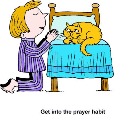 A child in striped pajamas kneels beside a bed, gently petting a sleepy orange cat resting on blue bedding.
