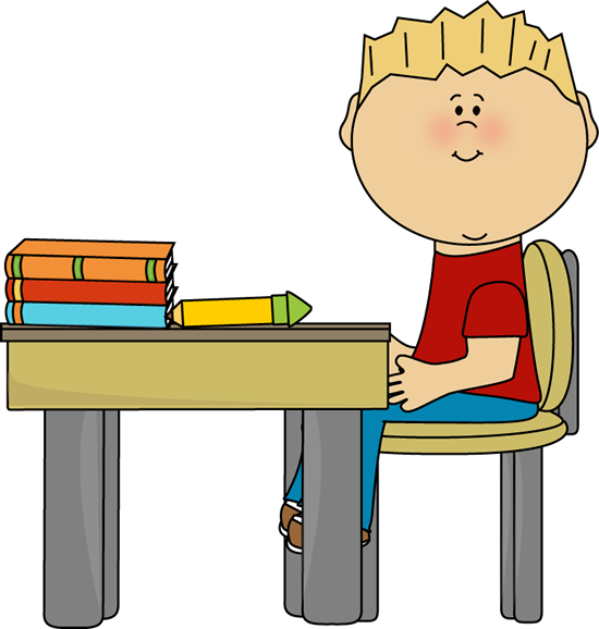 A smiling blond boy in a red shirt sits at a desk with books and a pencil, ready to study.