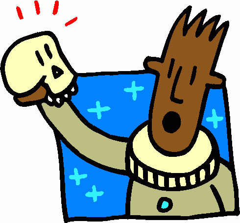 A cartoon character with a wooden head and sweater holds up a skull with red exclamation marks above it, against a blue starry background.
