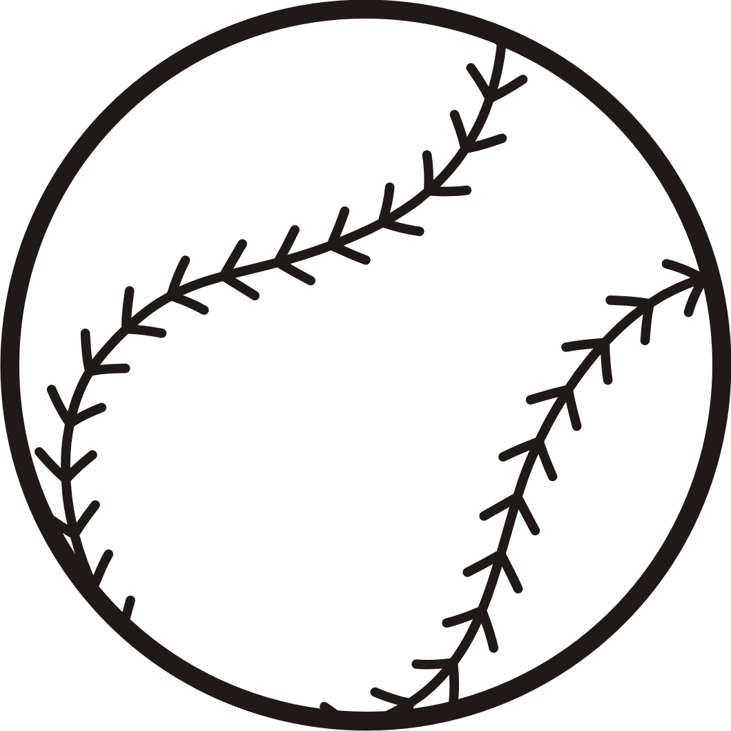 Simple black-and-white line drawing of a baseball with iconic stitching pattern.