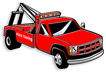 Red tow truck with "Phil's Towing" on side and raised boom arm, cartoon-style illustration.