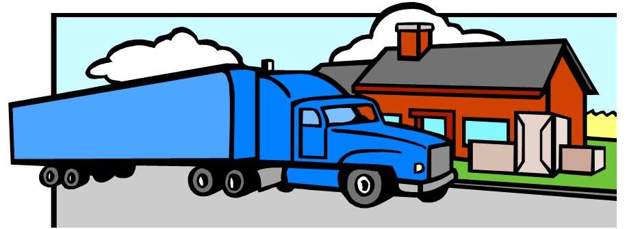 Blue semi-truck delivering boxes to a red house with chimney and clouds overhead.