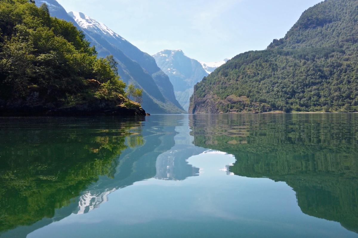 Serene fjord with mirror-like water reflecting snow-capped mountains and lush green cliffs under a clear blue sky.