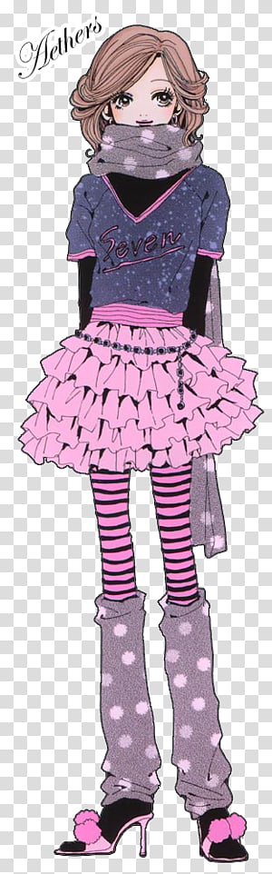 Anime-style girl in layered pink ruffle skirt, striped tights, polka-dot leg warmers, and "Seven" graphic tee with scarf.