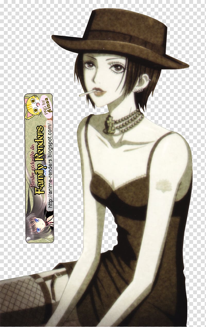 Anime-style woman in brown fedora and dress, holding cigarette, with vintage sepia tone and watermark banner.