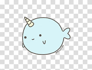 Cute cartoon narwhal with a spiral tusk, light blue body, and cheerful expression on transparent background.