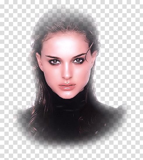 Close-up portrait of a woman with dark hair, intense gaze, and dramatic makeup against transparent background.