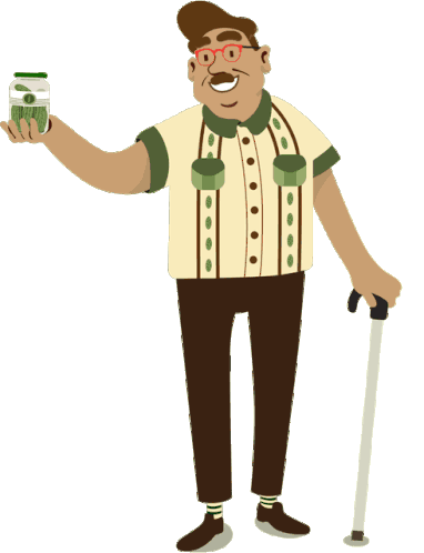 Smiling older man with glasses and cane holding a jar of green pickles, wearing a retro patterned shirt.
