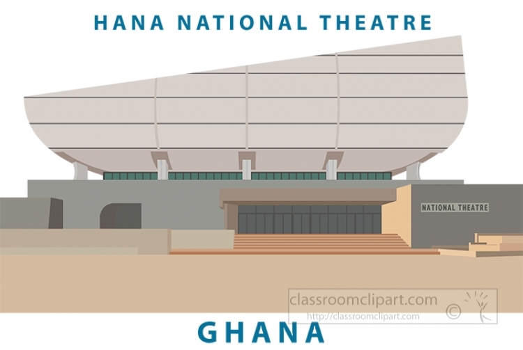 Illustration of the Hana National Theatre in Ghana, featuring its modern curved roof and entrance steps.