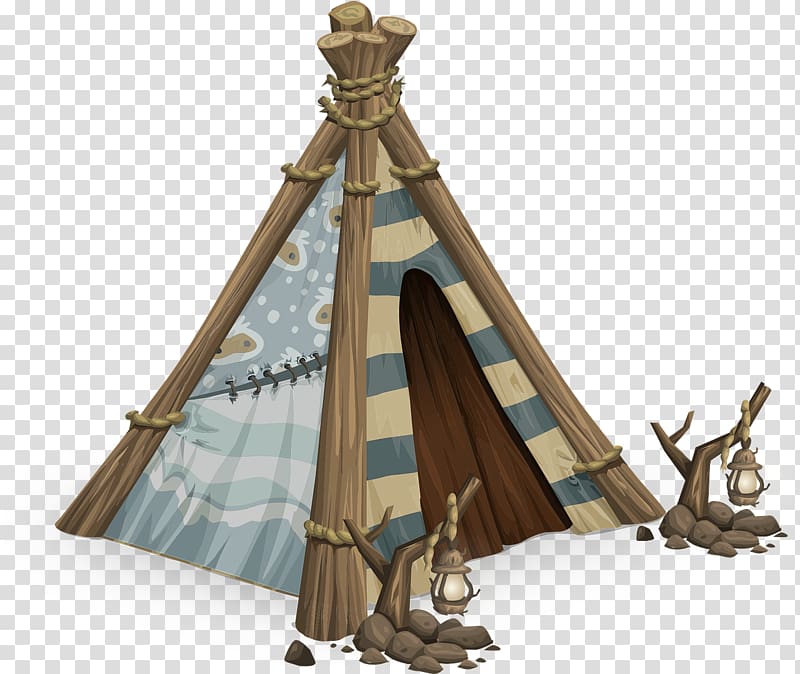 Illustrated wooden teepee with striped canvas, rope bindings, lanterns, and stone fire pit on transparent background.