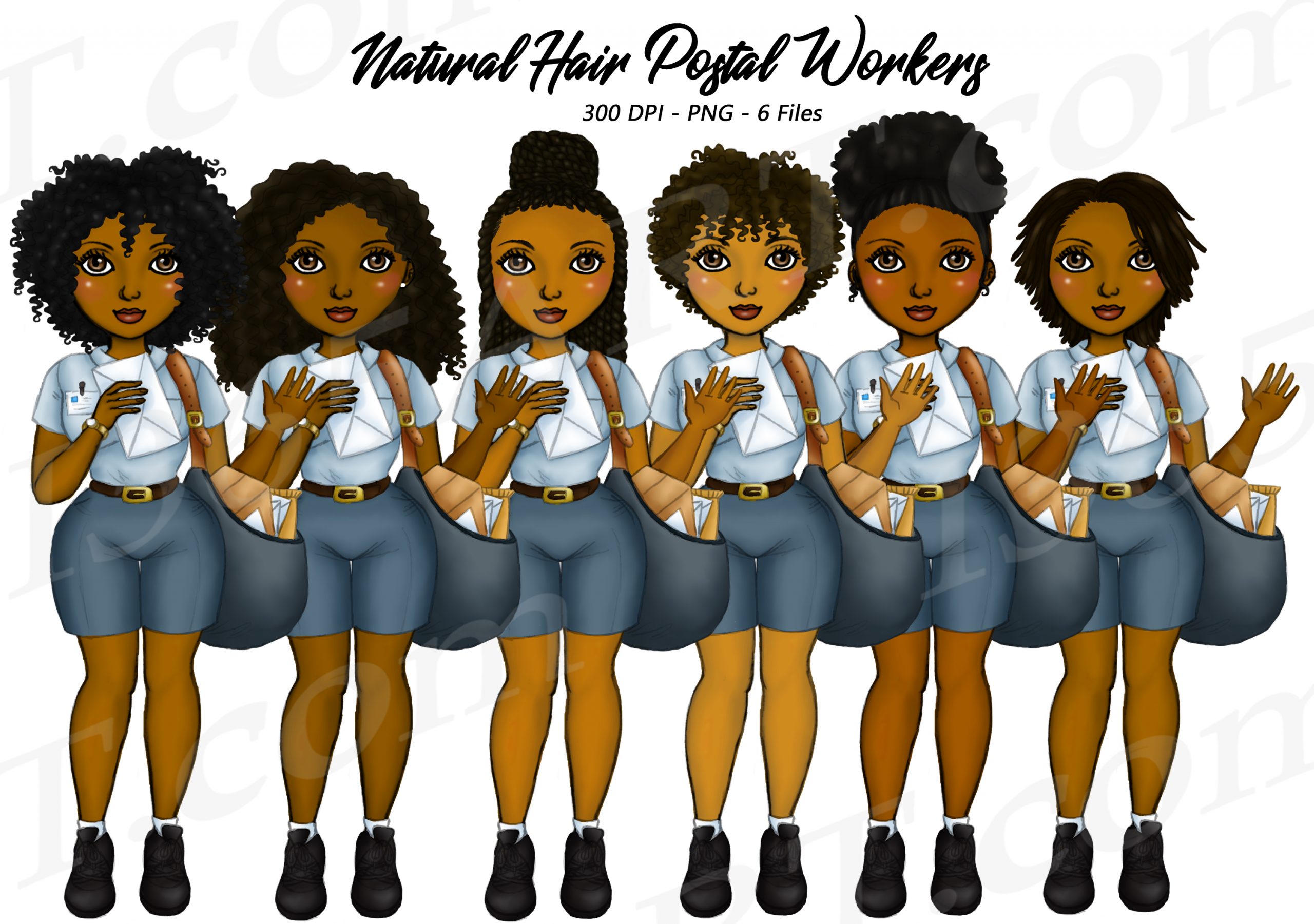 Six illustrated Black postal workers with diverse natural hairstyles, wearing uniforms and holding mailbags and letters.