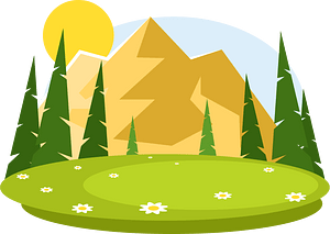 Serene mountain landscape with pine trees, green meadow, daisies, and a bright sun behind golden peaks.