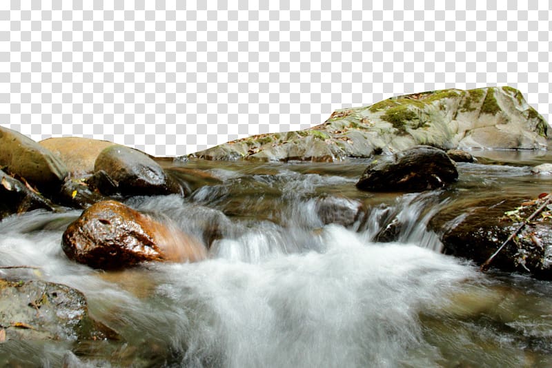 Clear mountain stream flowing over mossy rocks with soft water motion blur.