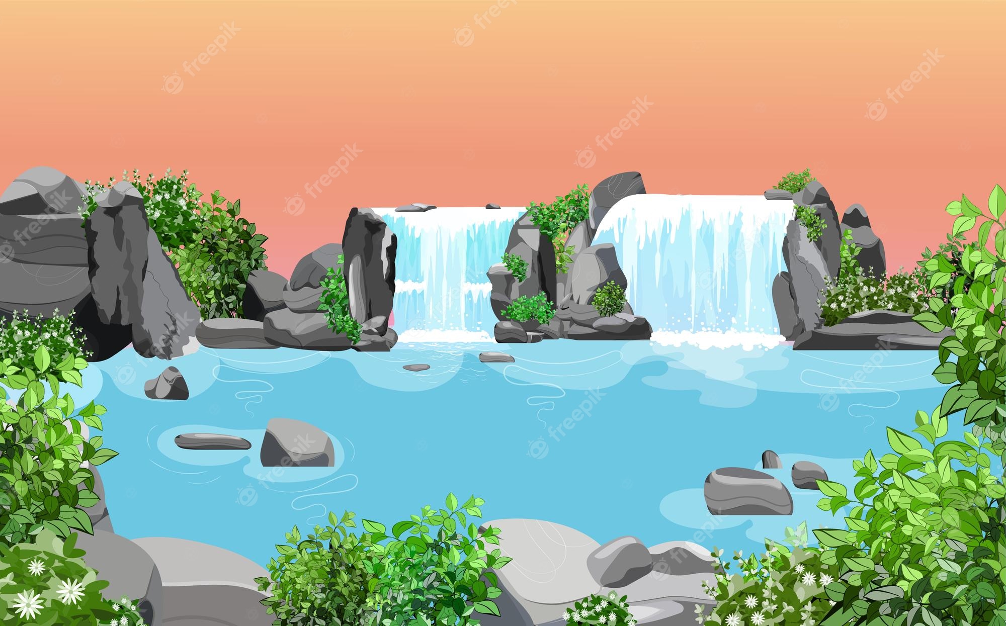 Serene cartoon waterfall cascading over gray rocks into a calm blue pool, surrounded by lush greenery and white flowers at sunset.