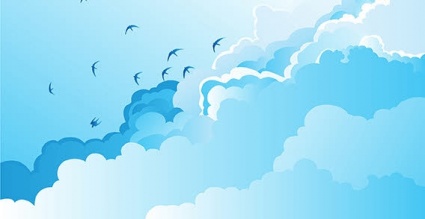 Blue sky with fluffy white clouds and a flock of birds flying in formation.
