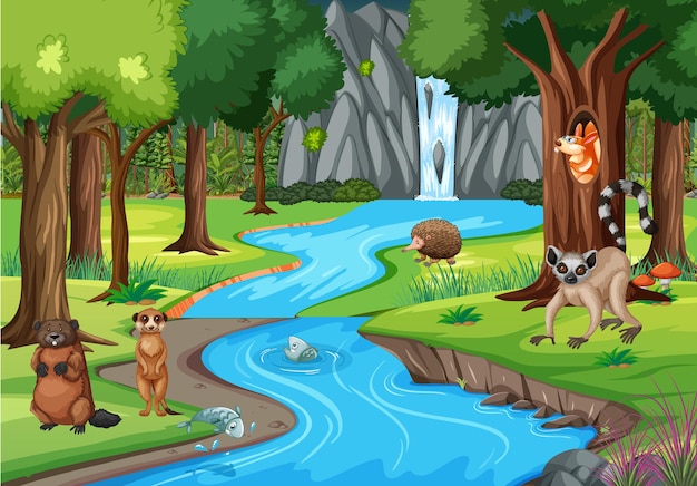 Forest scene with river, waterfall, and animals including lemur, meerkat, beaver, hedgehog, and fish.
