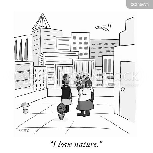 Two people on a city rooftop admire a small potted plant and mushroom, with skyscrapers and a plane in the background; caption reads “I love nature.”