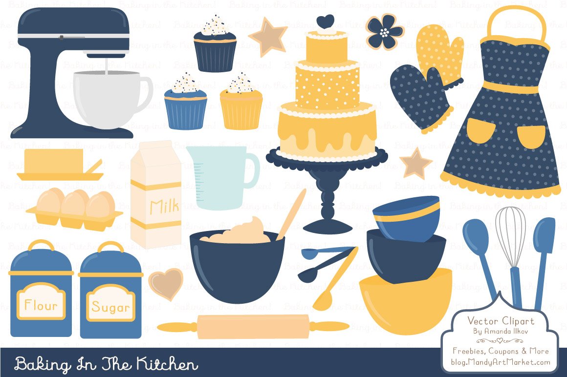 Baking-themed vector clipart set featuring a stand mixer, cake, cupcakes, apron, ingredients, and tools in navy, yellow, and cream.