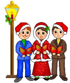 Three cheerful carolers in Santa hats singing under a vintage streetlamp with holly decorations.