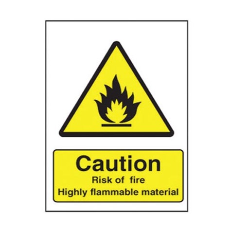 Yellow caution sign with flame symbol warning of highly flammable material risk.