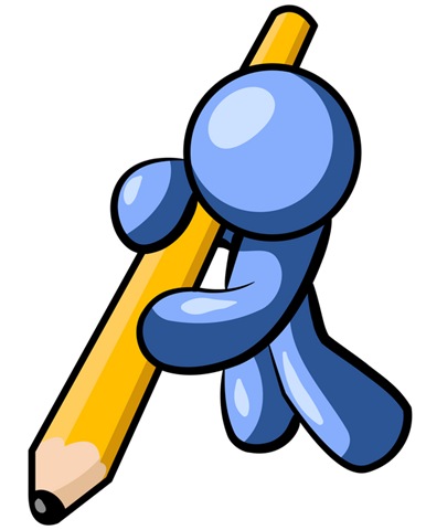 Blue cartoon stick figure hugging a large yellow pencil, symbolizing creativity and writing.