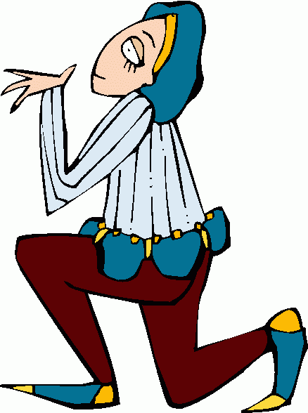 A cartoon character in medieval-style clothing kneels with one hand raised, wearing a blue hood, striped tunic, and maroon pants.