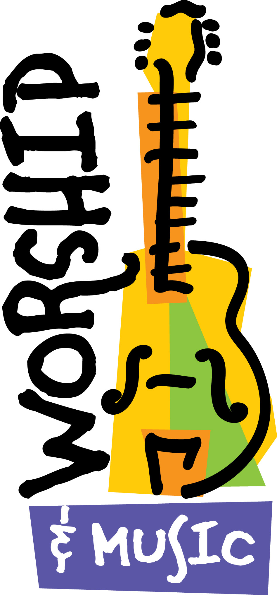 Colorful logo featuring "Worship & Music" text with a stylized acoustic guitar in yellow, green, and orange.