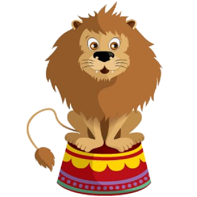 Cartoon lion sitting on a colorful circus pedestal, smiling with big eyes and fluffy mane.
