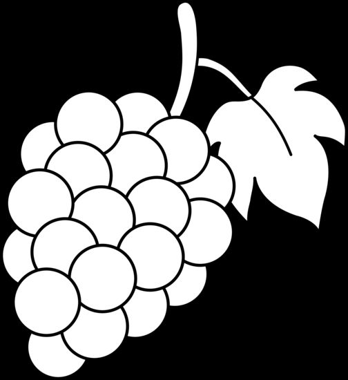 Black-and-white line illustration of a grape cluster with leaf and stem on black background.