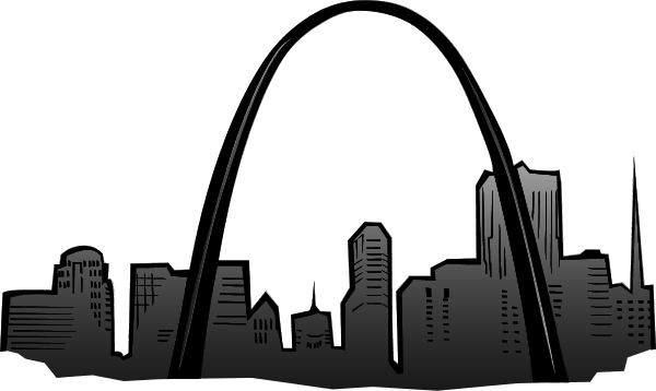 St. Louis skyline silhouette featuring the iconic Gateway Arch and downtown buildings against a black background.