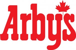 Arby's logo featuring bold red lettering with a maple leaf above the apostrophe, indicating Canadian branding.